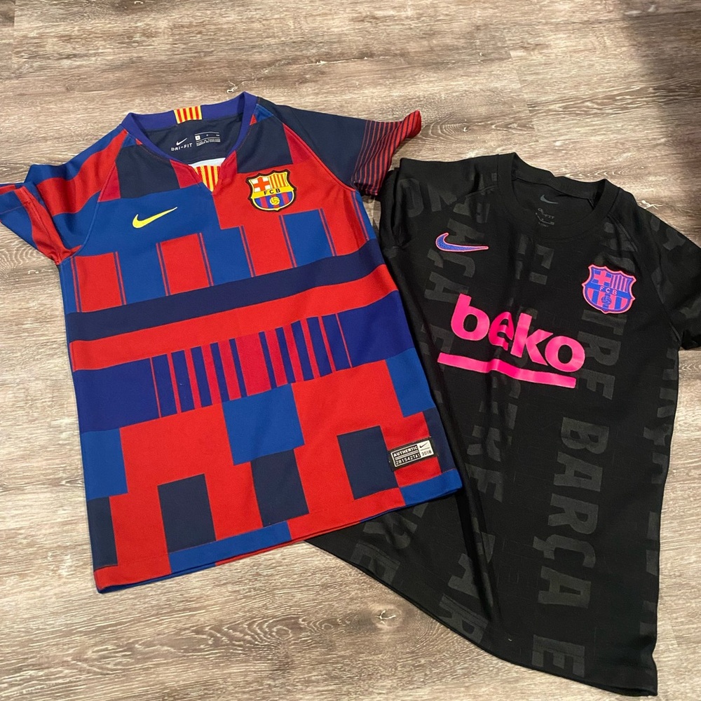 2 Barcelona Nike Black and Blue Jerseys